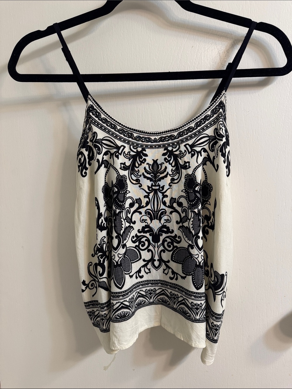 Flying Tomato White Camisole with Black Ornamental Print